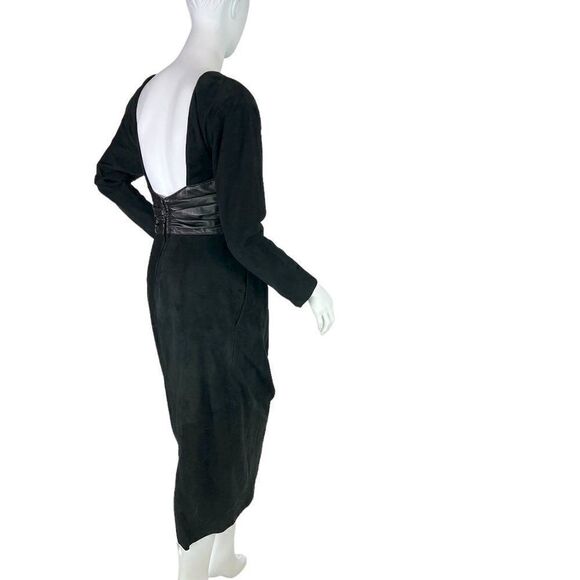 Vakko Vintage 80s Black Suede & Leather Backless Long Sleeve Midi Dress, Size 6 - Picture 10 of 15